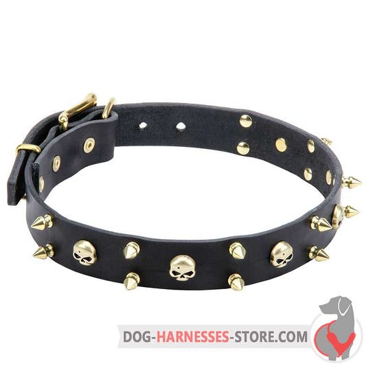 Rock Style Leather Dog Collar 30 mm Wide with Brass Spikes and Skulls