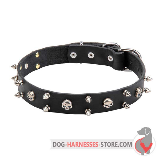 Rock Style Leather Dog Collar 30 mm Wide with Nickel Plated Spikes and Skulls