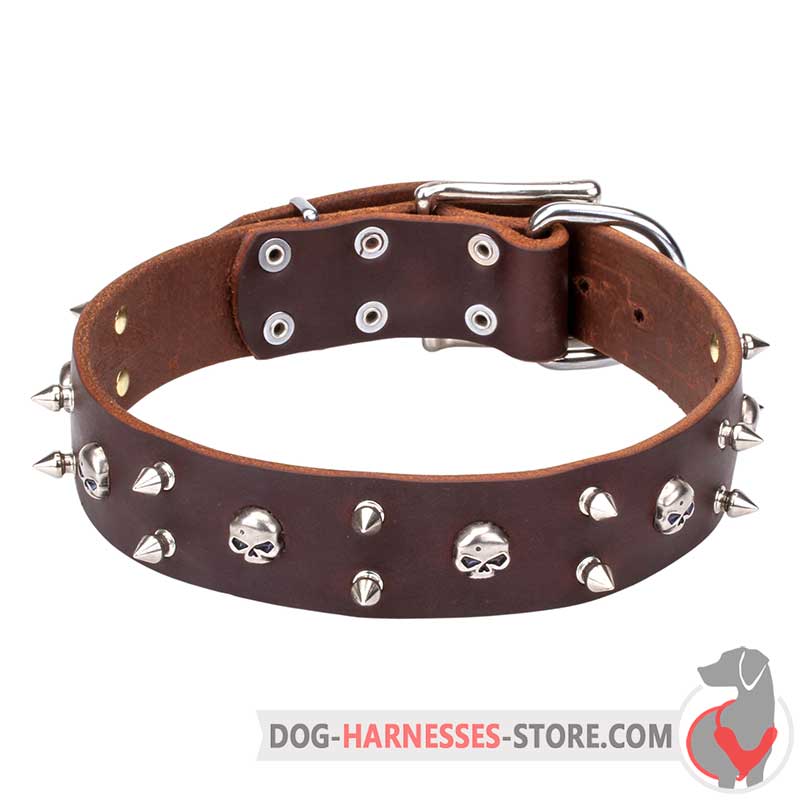 Rock Style Leather Dog Collar 40 mm Wide with Nickel Plated Spikes and Skulls