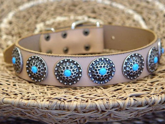 Tan Leather Dog Collar with Silver Plated Circles Blue Stones